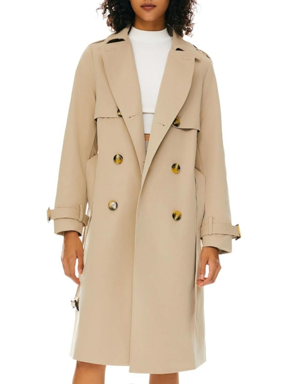 Chic Women's 3/4 Length Double Breasted Trench Coat with Belted Waist & Lapel